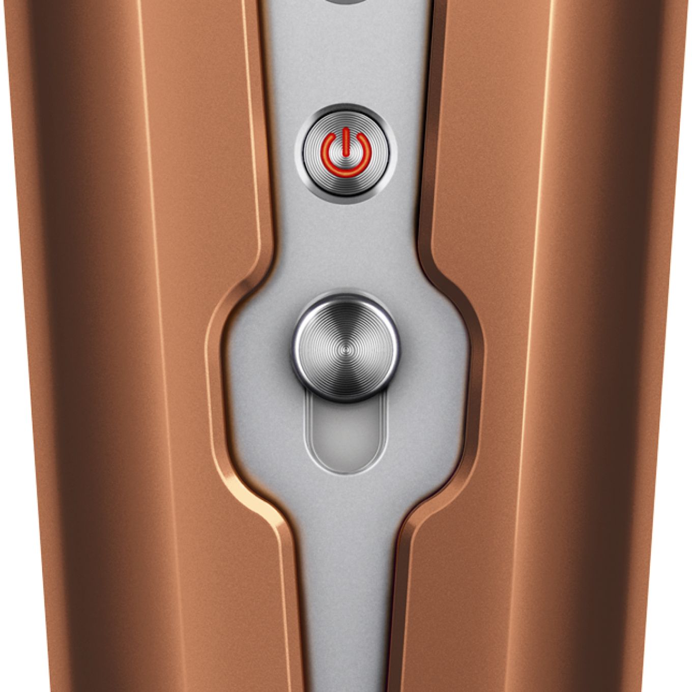 Close-up of the Power button and Safety lock. Dyson Corrale Power button and Safety lock.